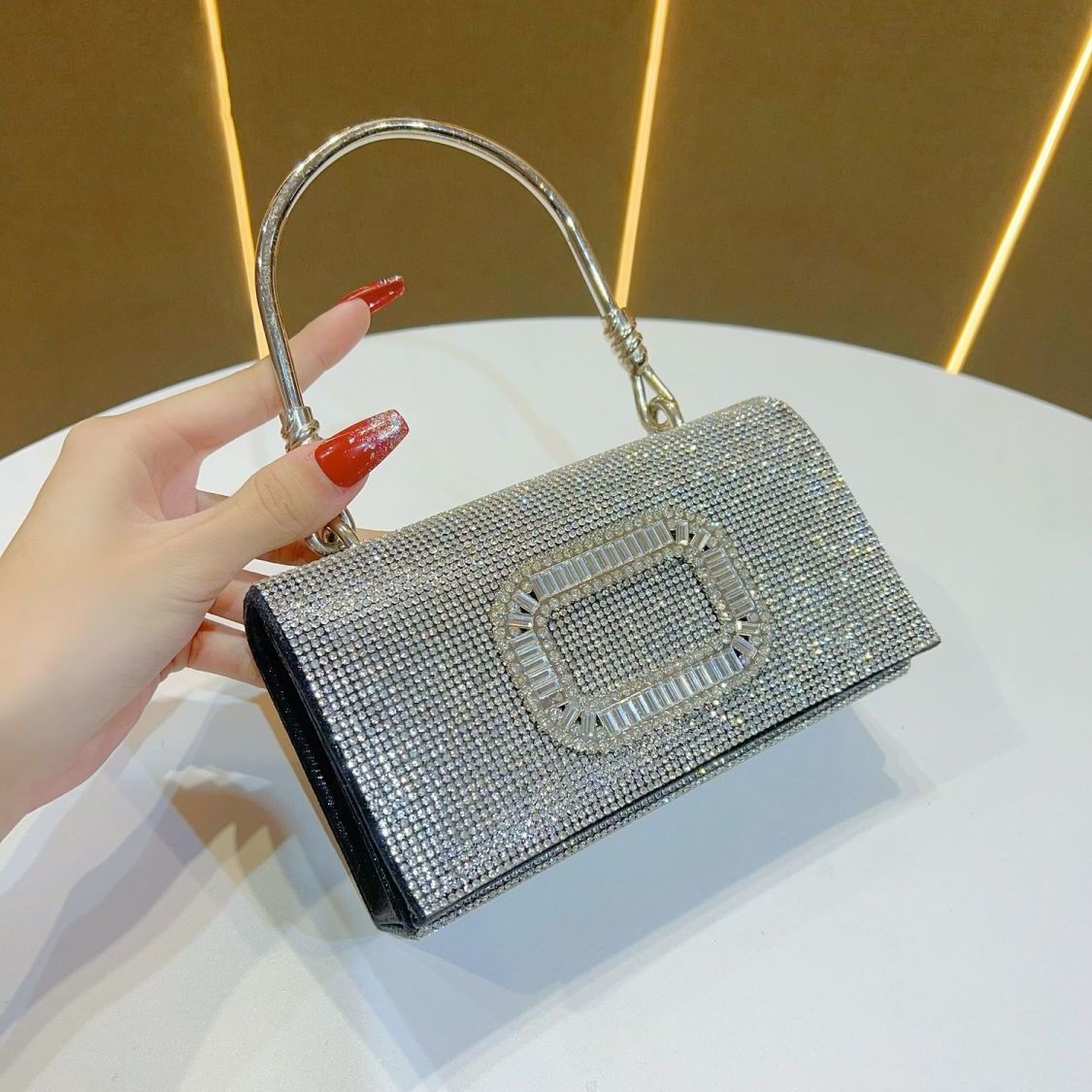 Rhinestone Buckle-Detail Box Clutch