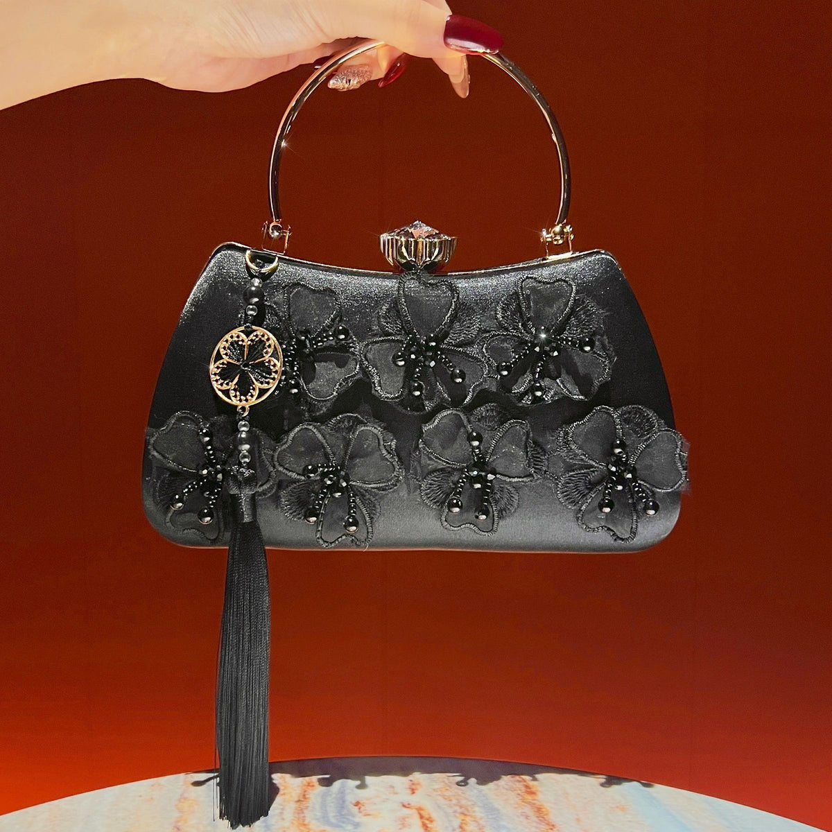 Floral Appliqué Wedding Frame Handbag