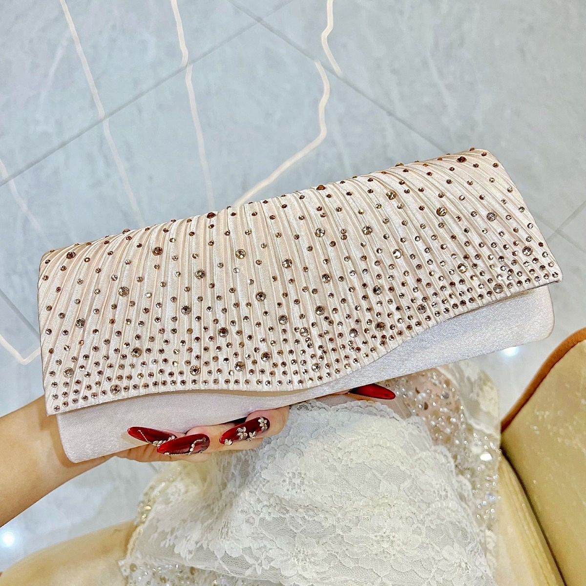 Pleated Glitter Envelope Clutch