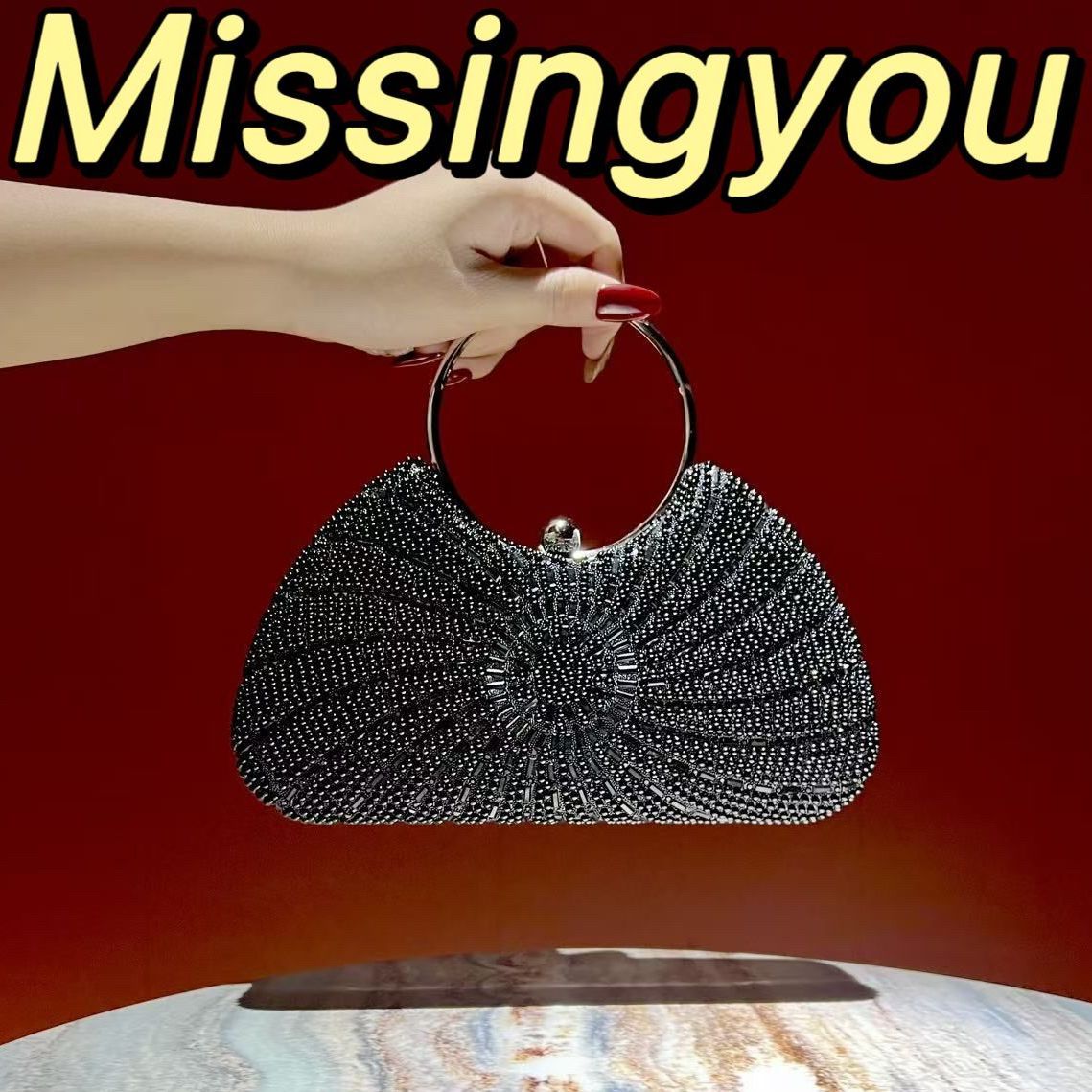 Spiral Beaded Ring-Handle Evening Handbag