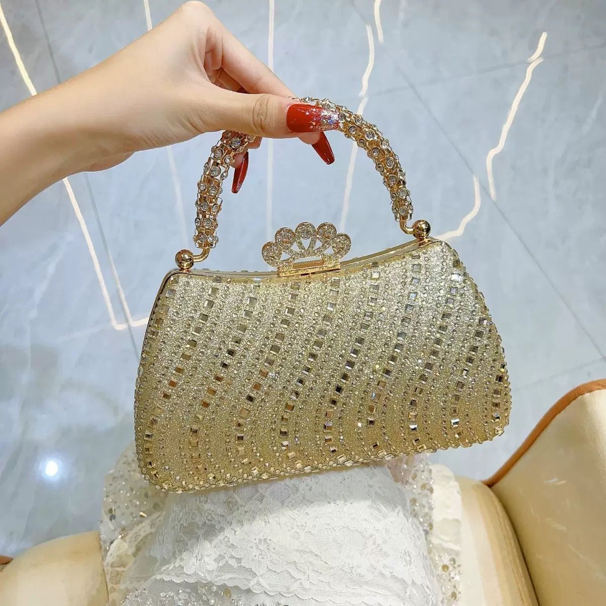 Wavy Rhinestone Crown-Clasp Mini Handbag