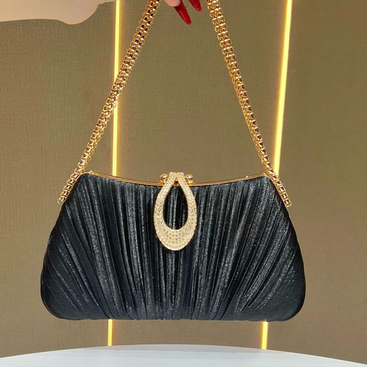 Pleated Satin Teardrop-Accent Evening Bag