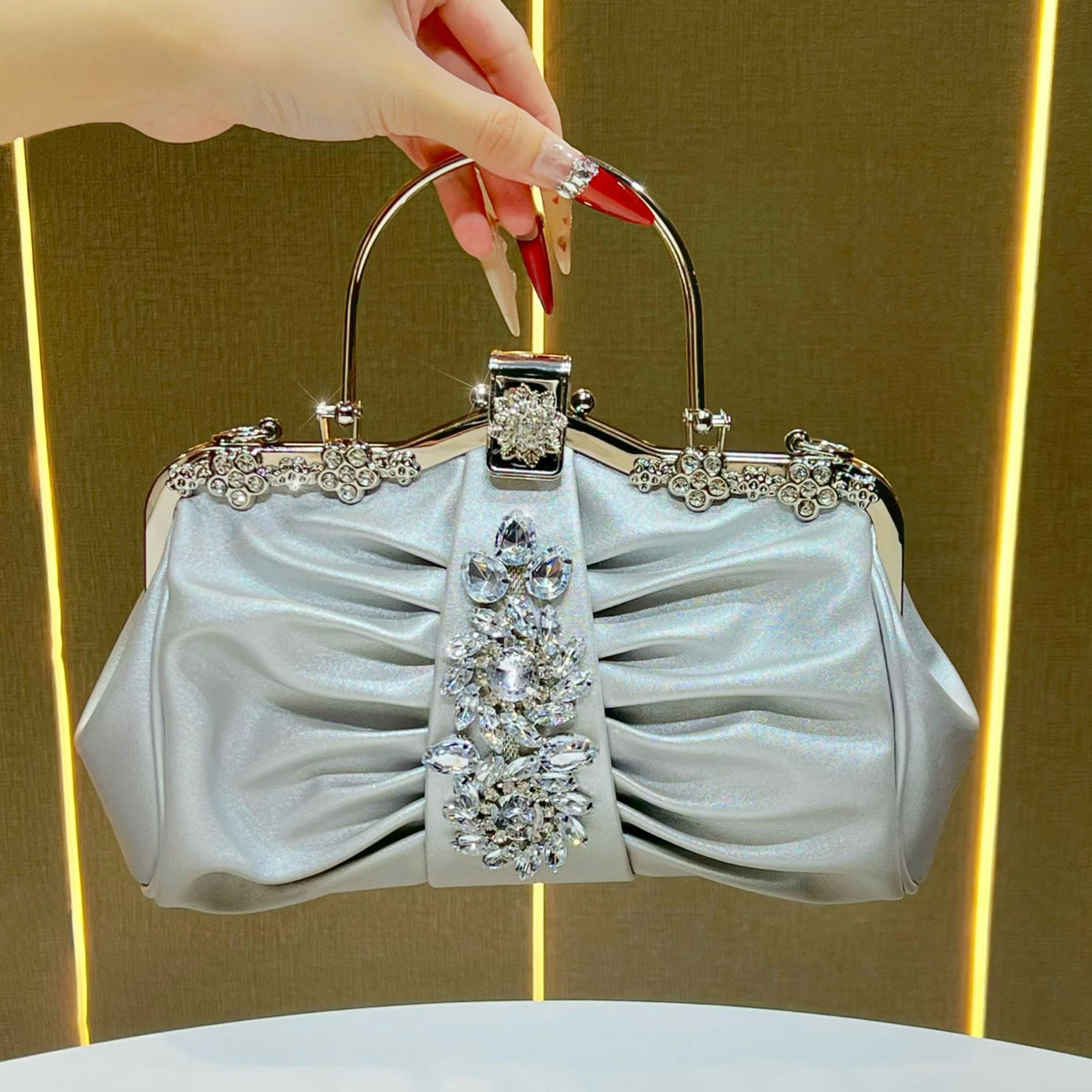 Ruched Crystal-Accent Evening Handbag