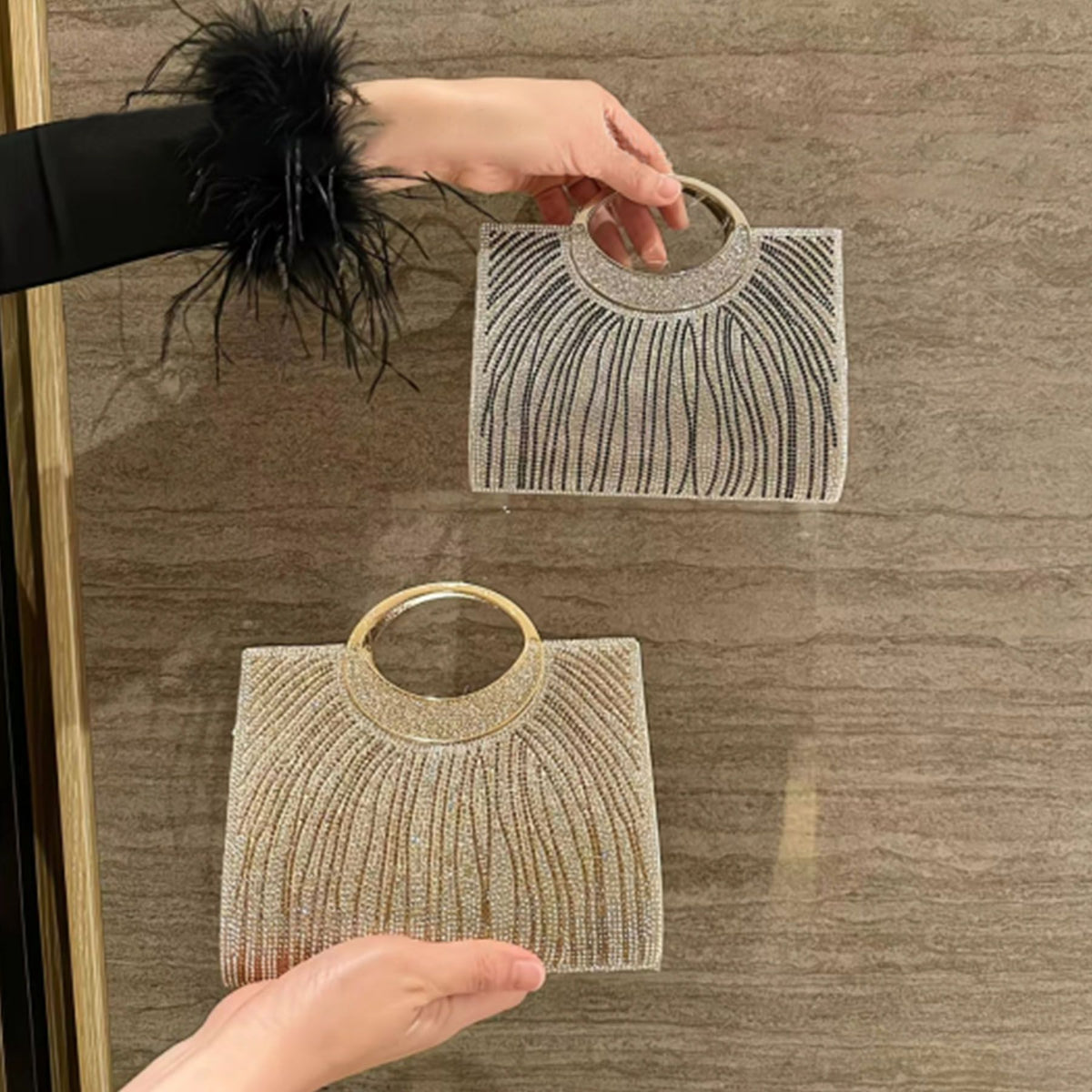 Wavy Rhinestone Ring-Handle Handbag