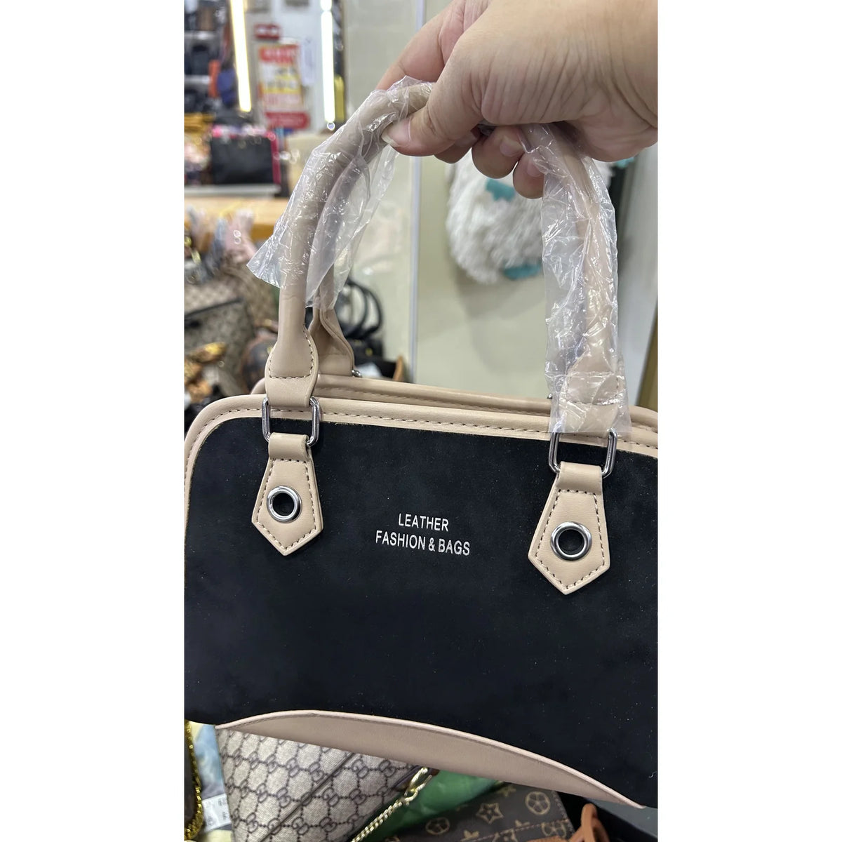 031 Small Contrast-Trim Top-Handle Bag