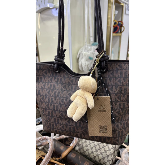 034 Large Letter-Print Shoulder Shopper With Bear Charm