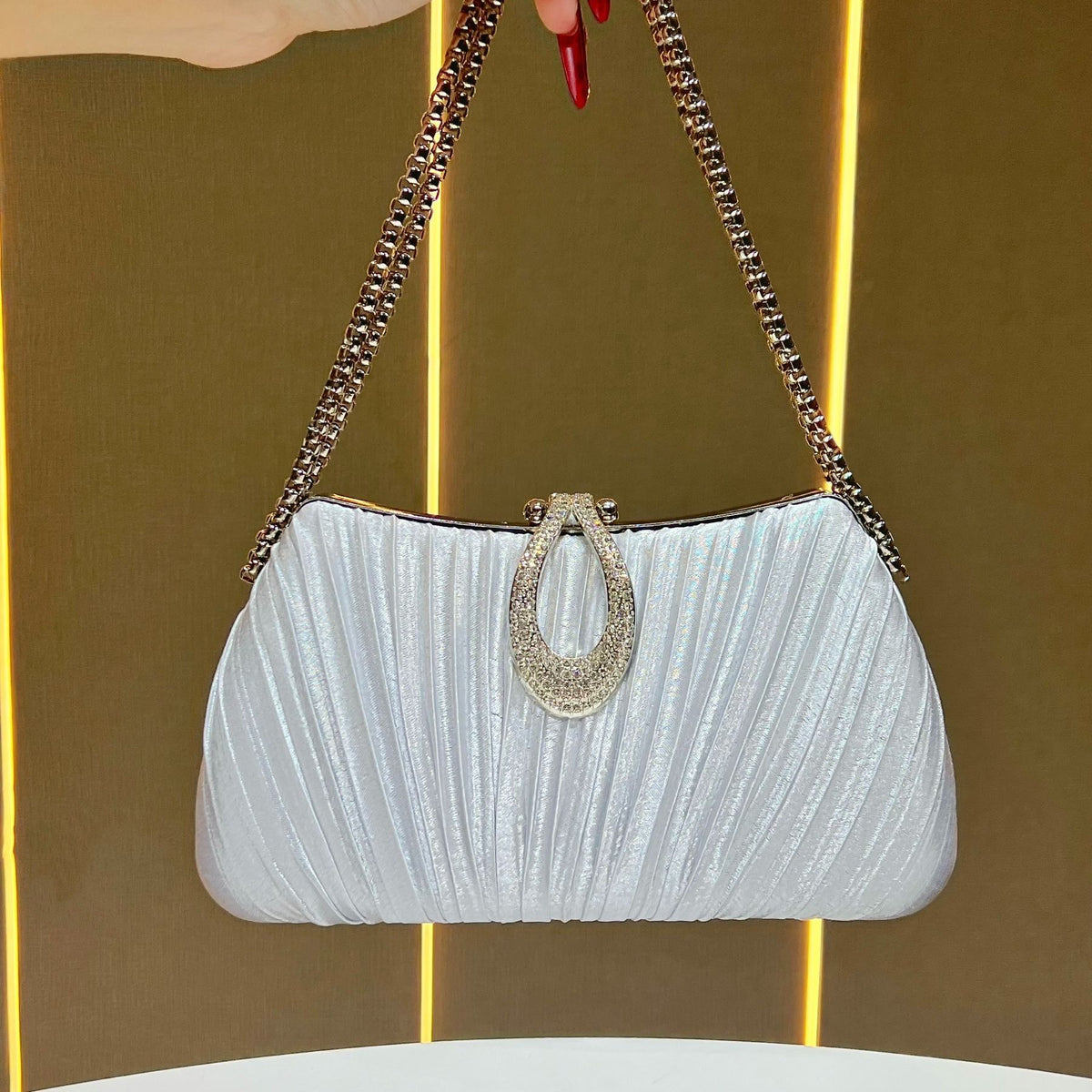 Pleated Satin Teardrop-Accent Evening Bag