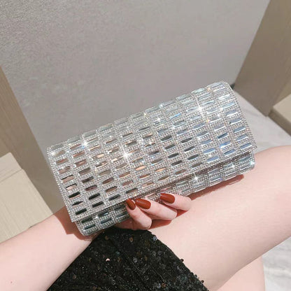 Grid-Pattern Rhinestone Evening Clutch