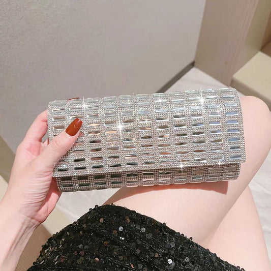 Grid-Pattern Rhinestone Evening Clutch