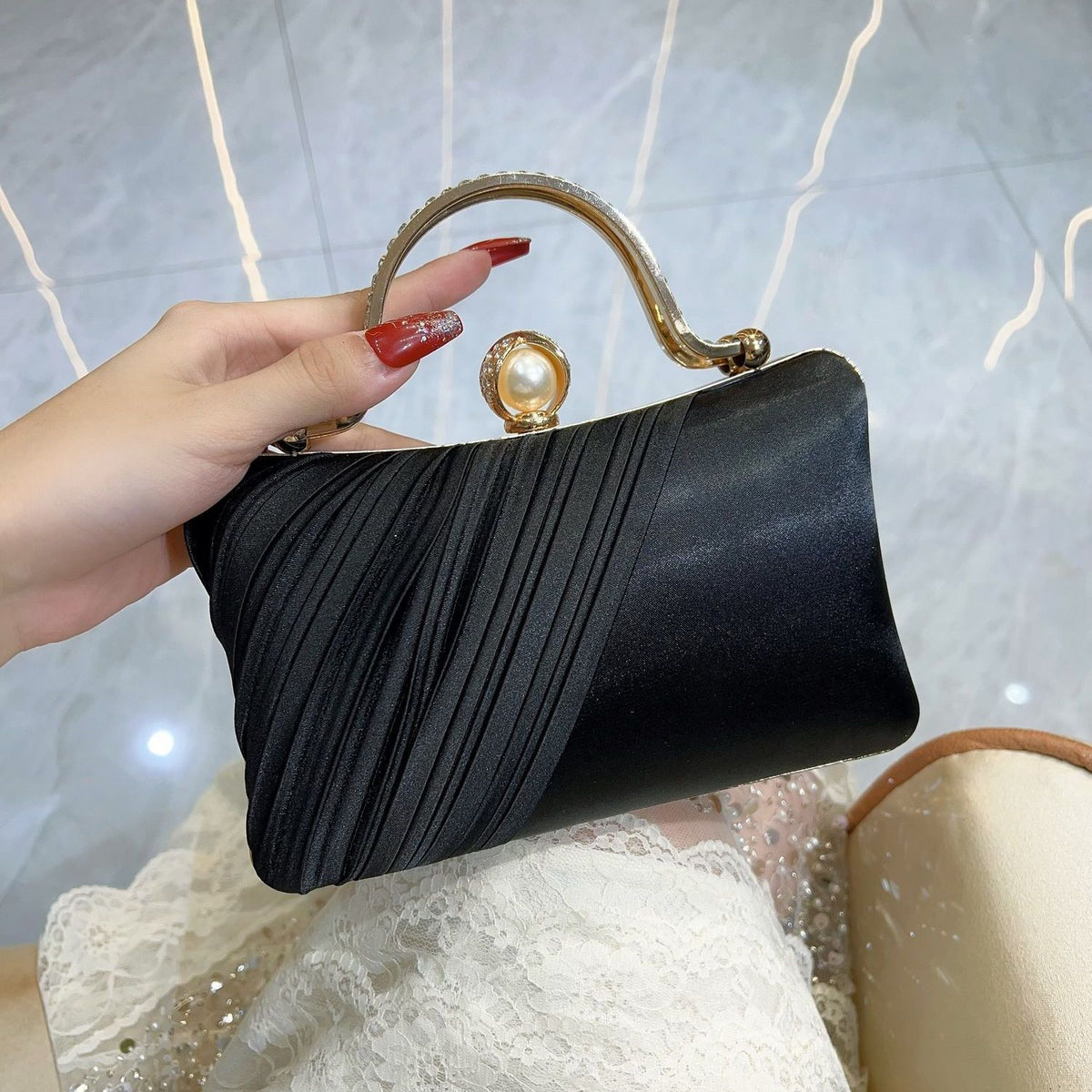 Pleated Pearl-Clasp Evening Handbag