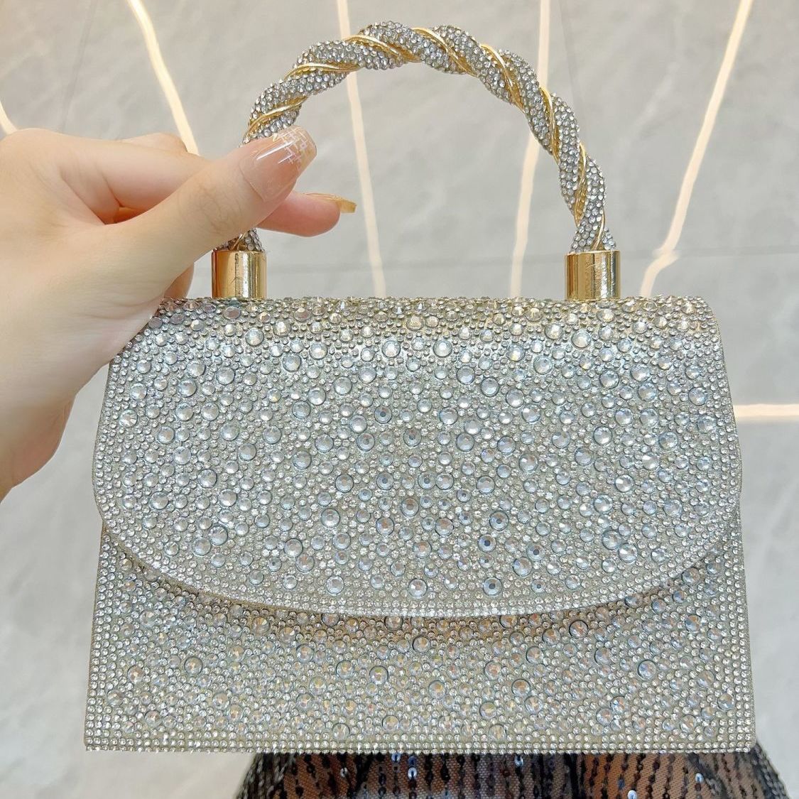Rhinestone Flap Top-Handle Evening Bag