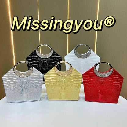 Croc-Embossed Ring-Handle Evening Bag
