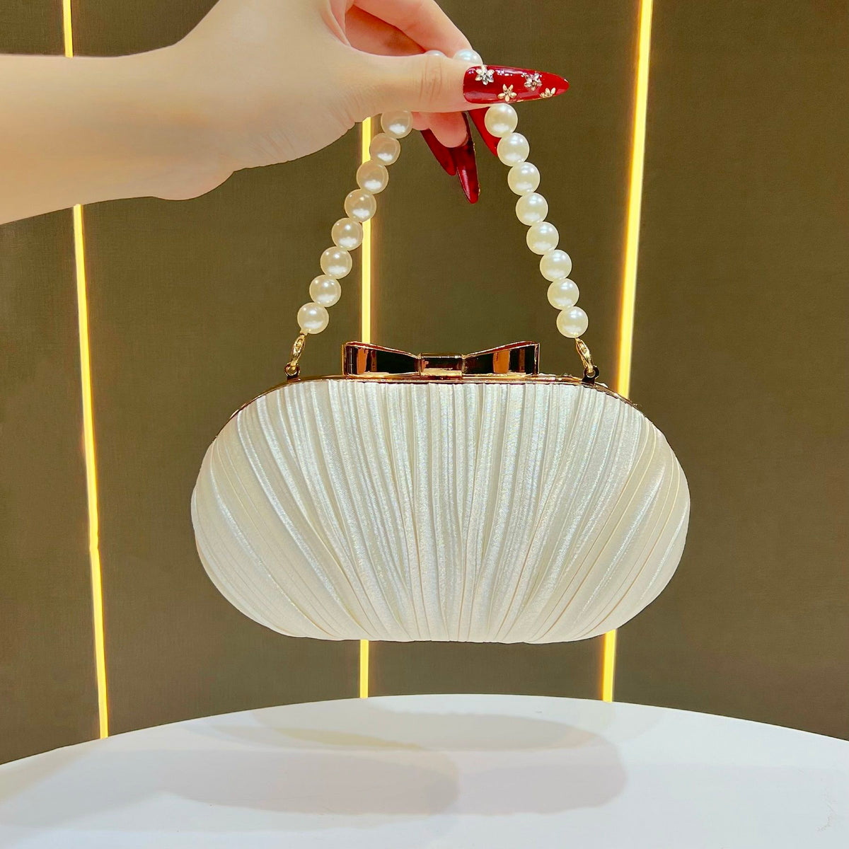 Pleated Satin Teardrop-Accent Evening Bag