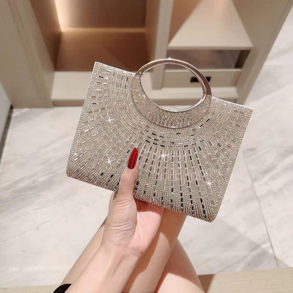 Sunburst Rhinestone Ring-Handle Evening Handbag