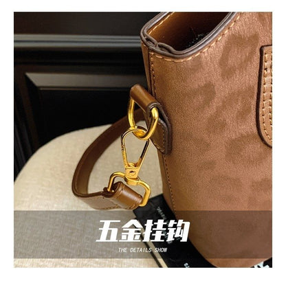 Leopard-Print Top-Handle Commuter Bucket Bag