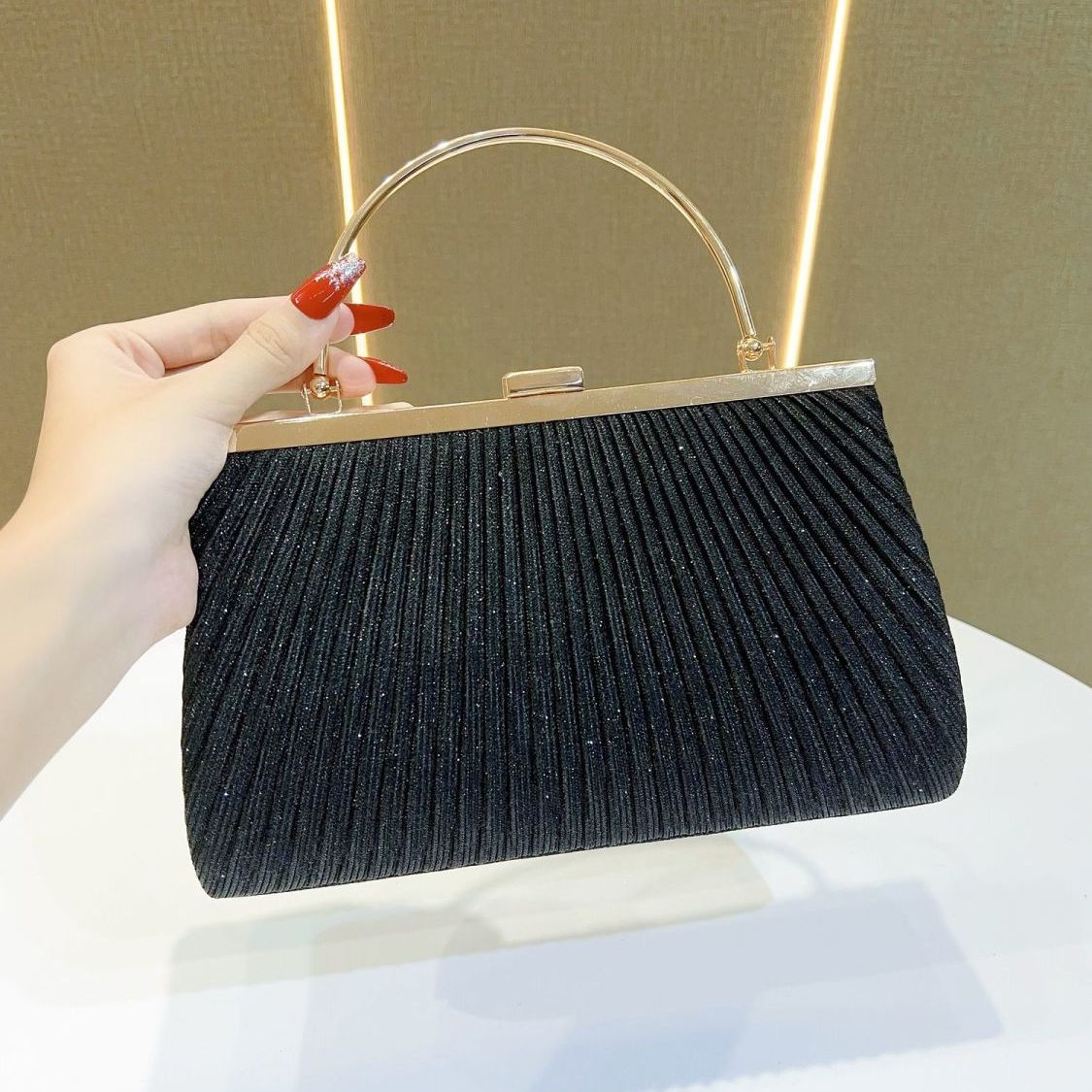 Pleated Half-Moon Handle Evening Bag