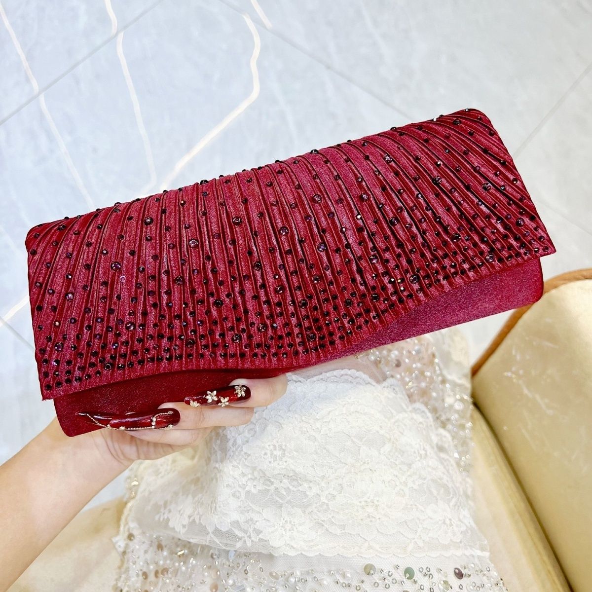 Pleated Glitter Envelope Clutch