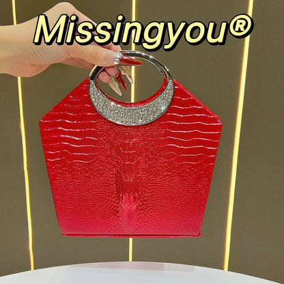 Croc-Embossed Ring-Handle Handbag