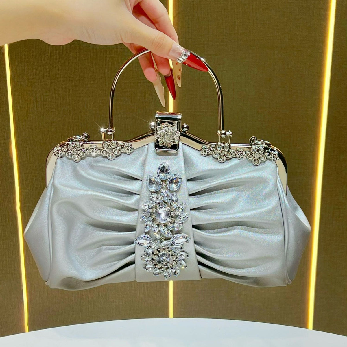 Ruched Crystal-Accent Evening Handbag