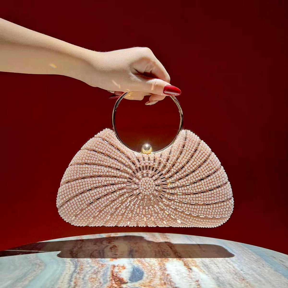Spiral Beaded Ring-Handle Evening Bag