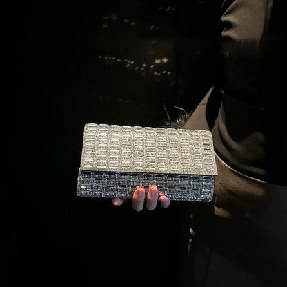 Grid-Pattern Rhinestone Box Clutch