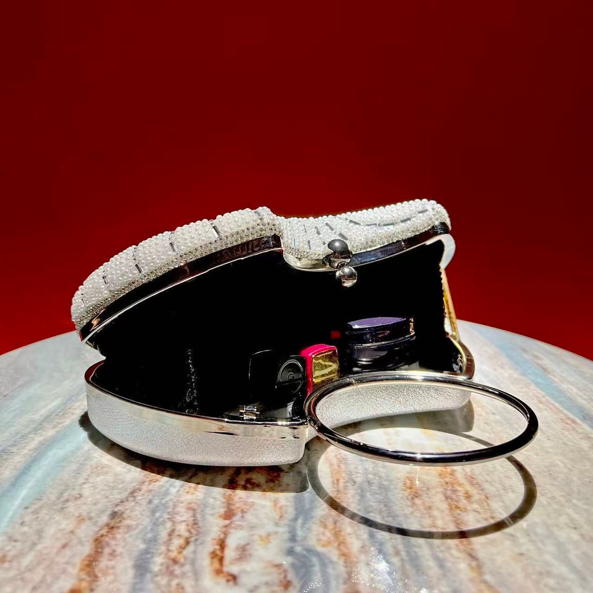 Spiral Beaded Ring-Handle Evening Handbag