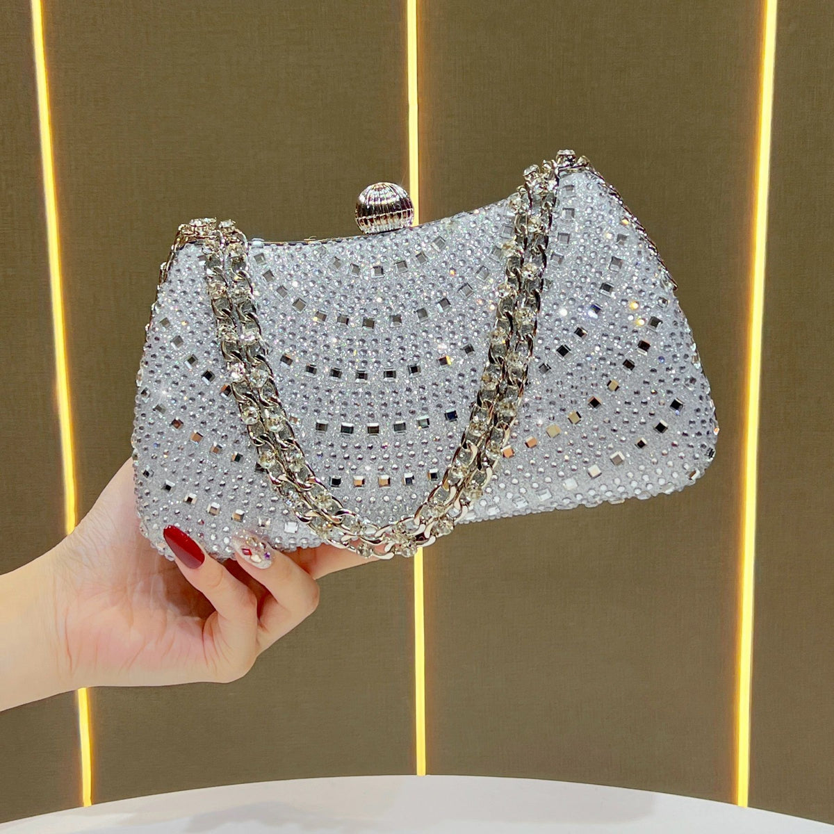 Scalloped Rhinestone Chain Evening Clutch