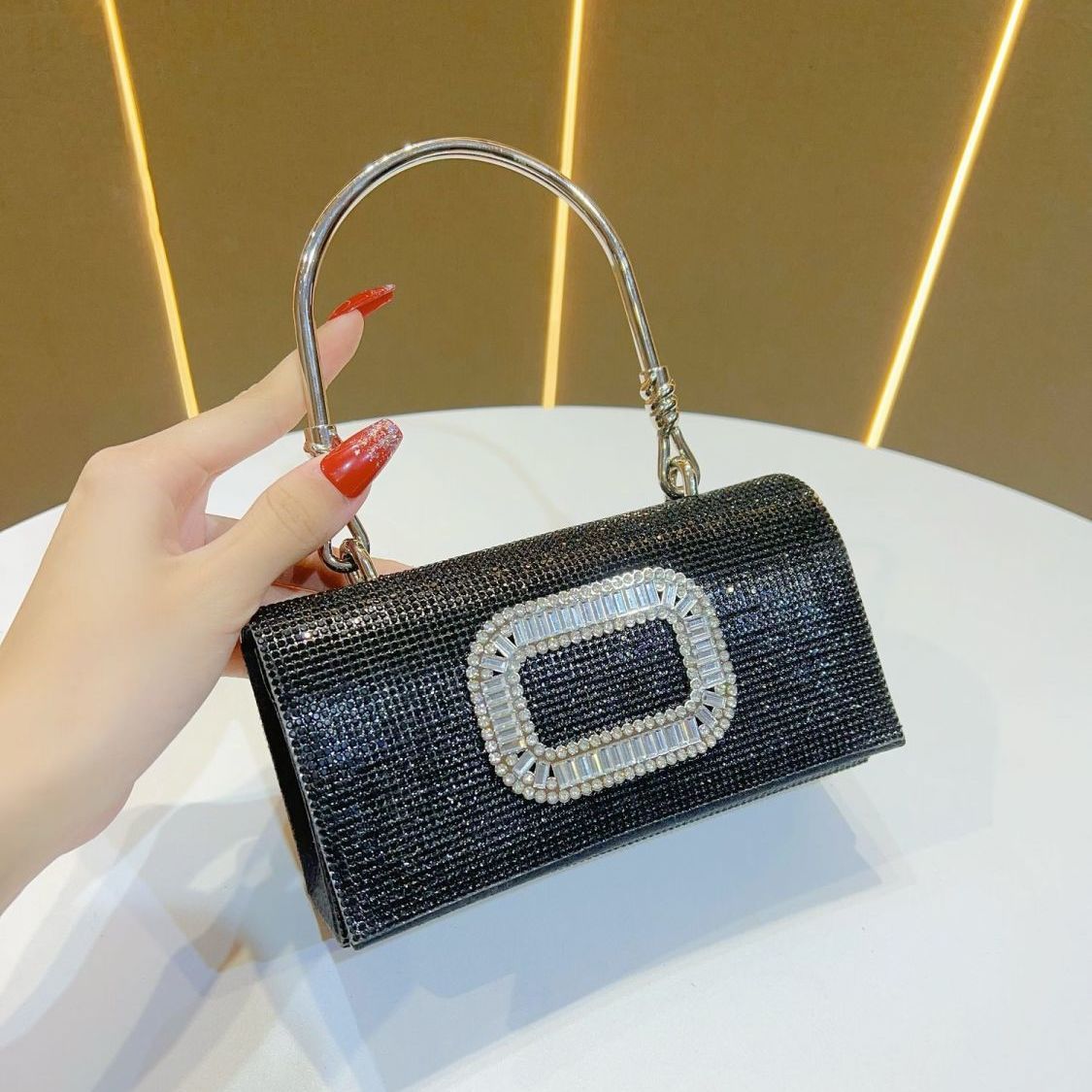 Rhinestone Buckle-Detail Box Clutch