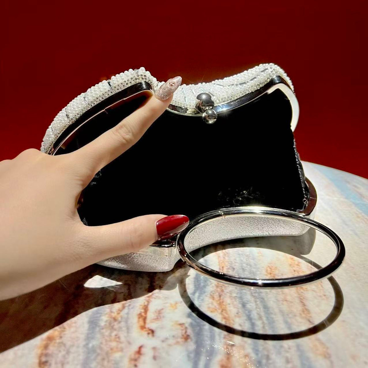 Spiral Beaded Ring-Handle Evening Handbag