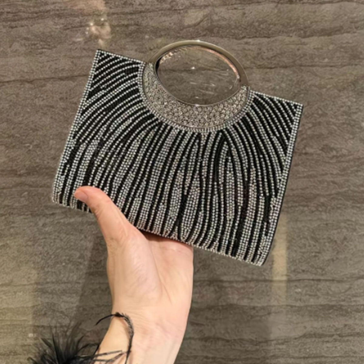 Wavy Rhinestone Ring-Handle Handbag
