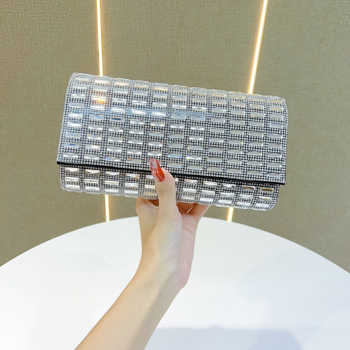 Grid-Pattern Rhinestone Evening Clutch