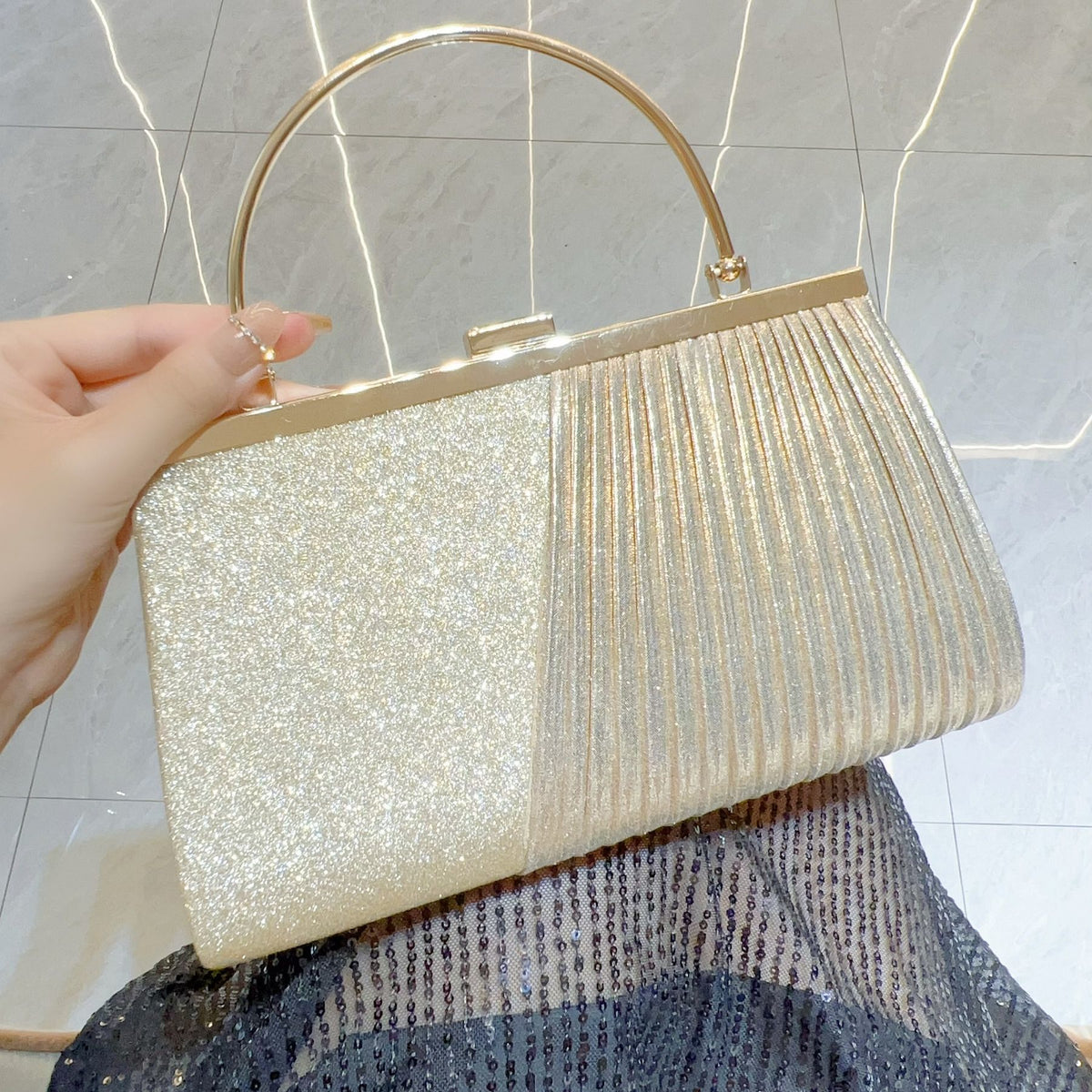 Pleated Metal-Handle Evening Bag