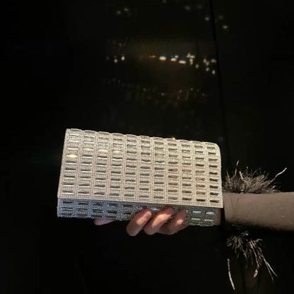 Grid-Pattern Rhinestone Box Clutch