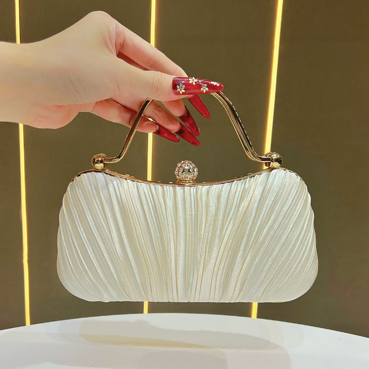 Pleated Satin Teardrop-Accent Evening Bag