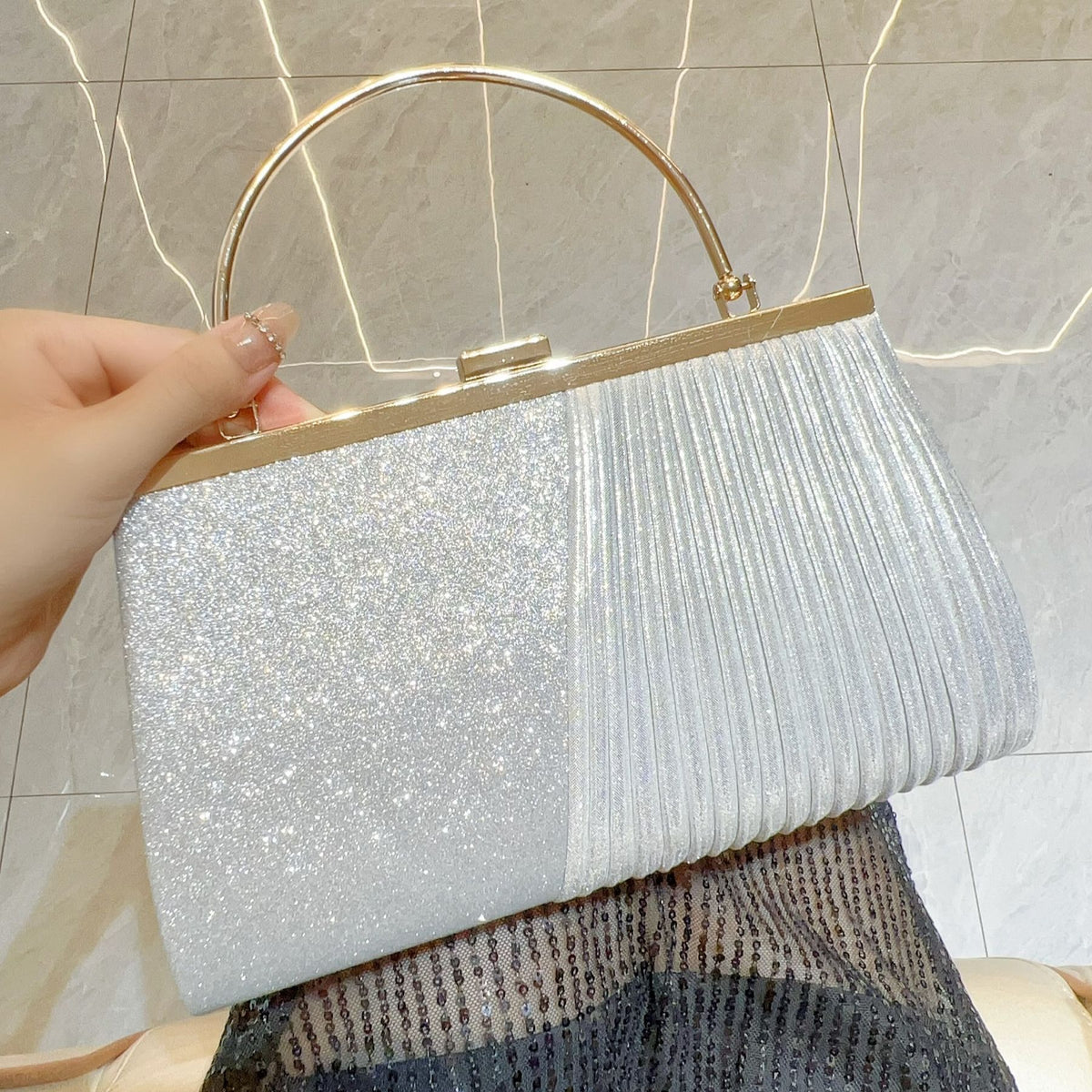 Pleated Metal-Handle Evening Bag