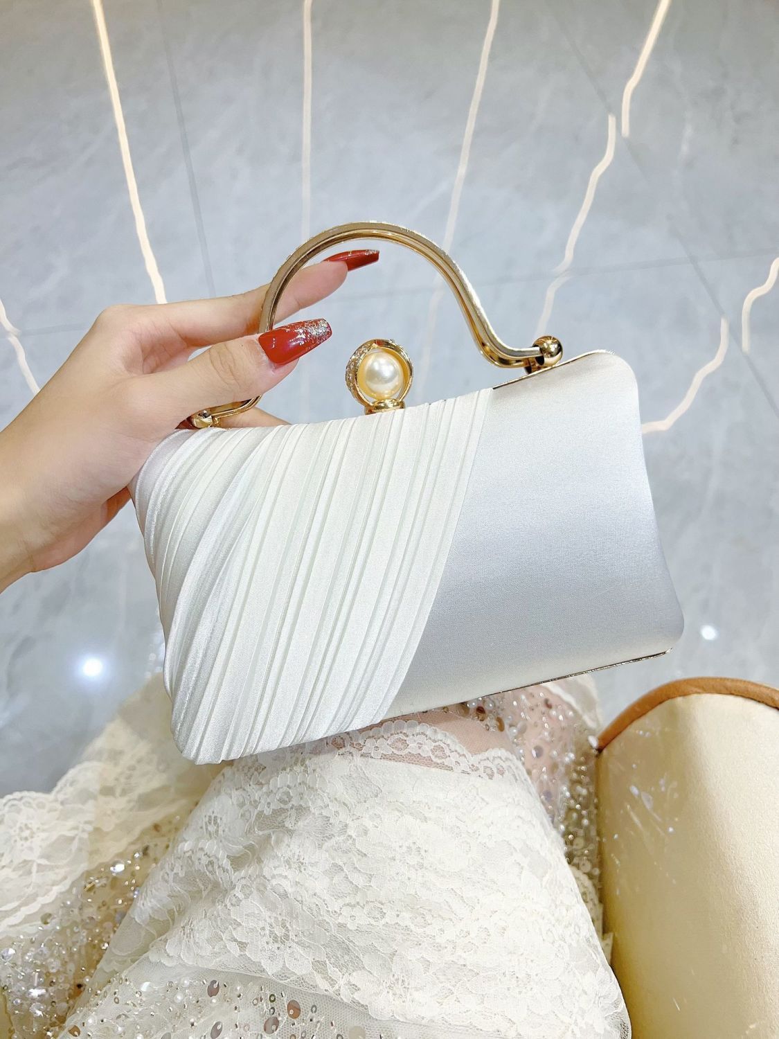Pleated Pearl-Clasp Evening Handbag