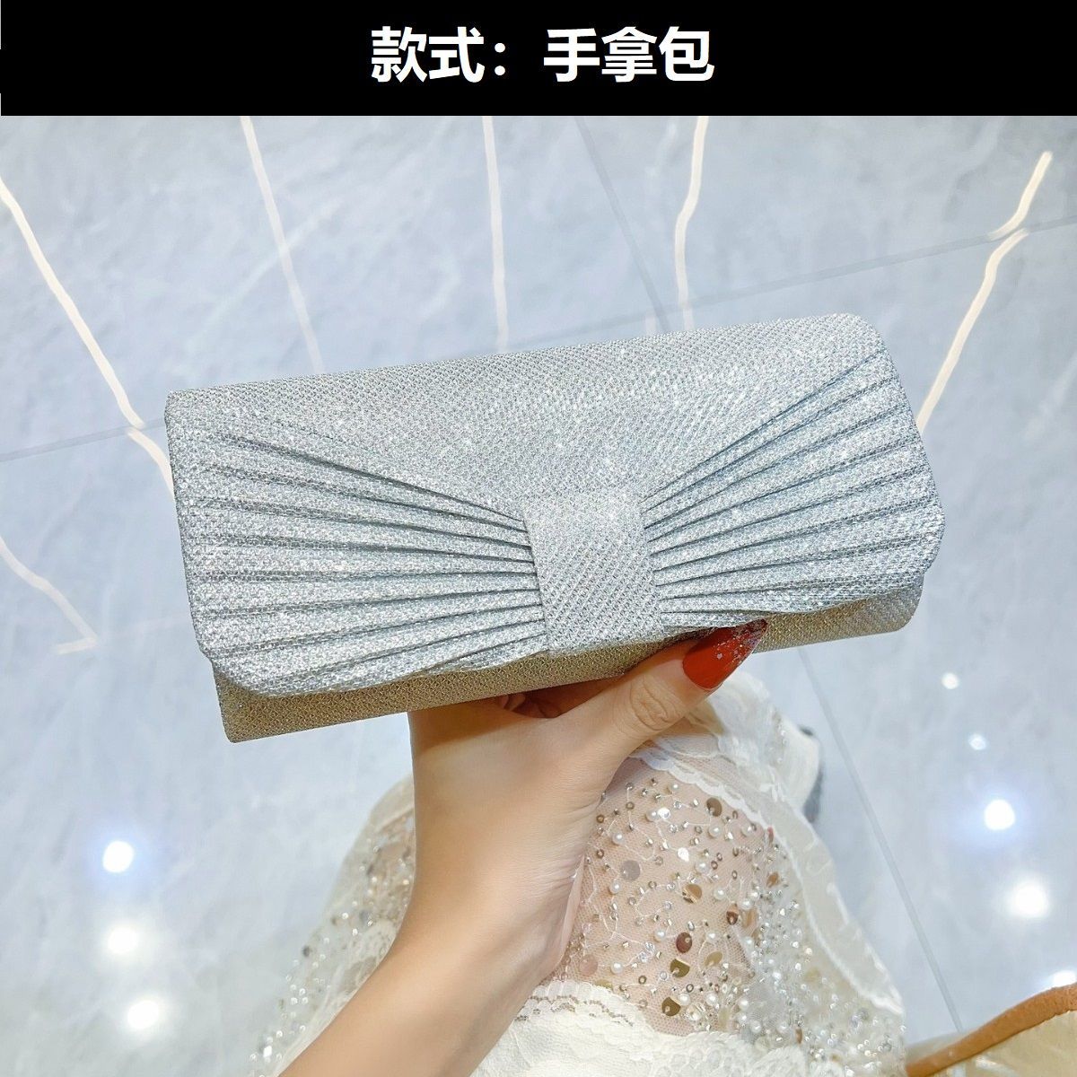 Pleated Oval-Handle Evening Bag