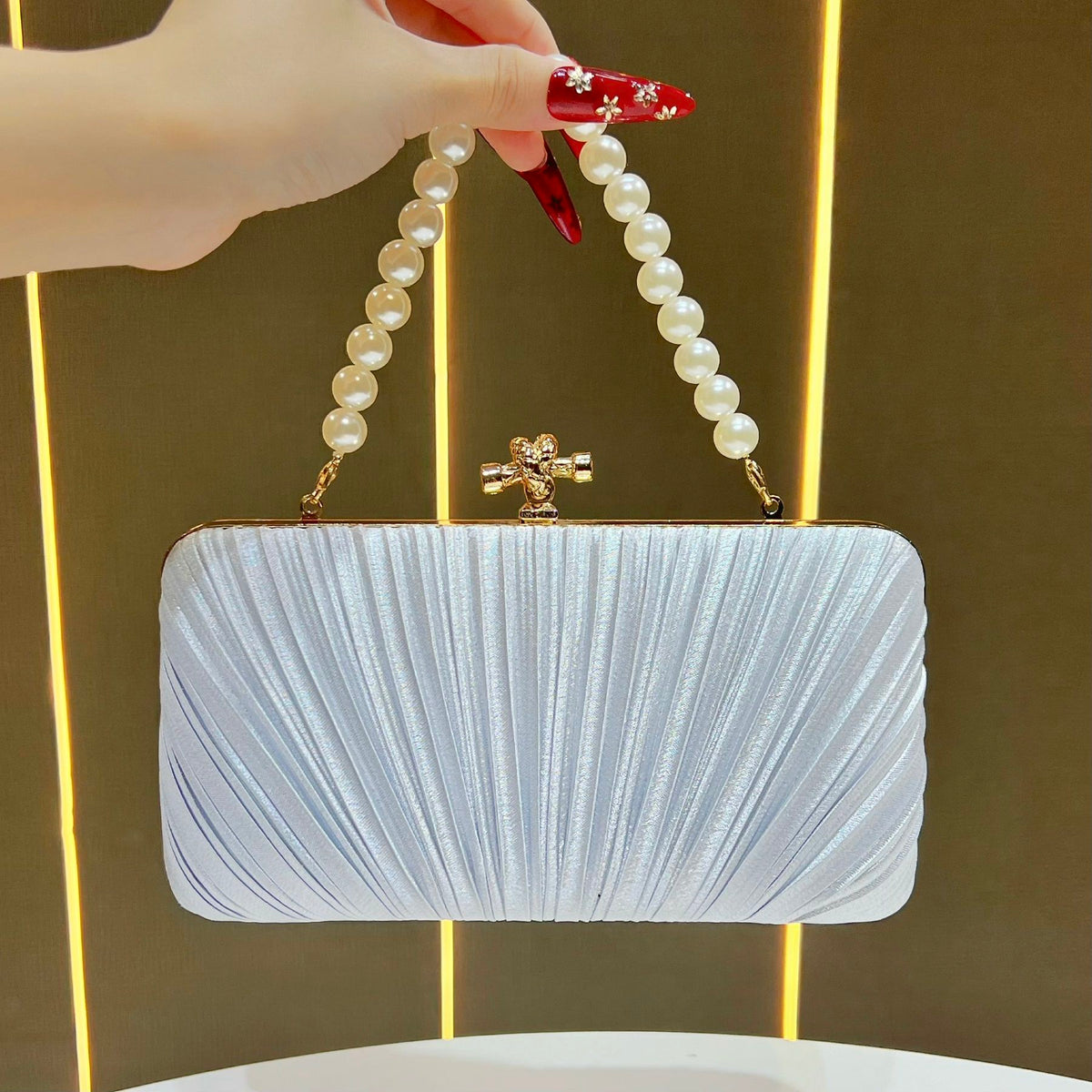 Pleated Satin Teardrop-Accent Evening Bag