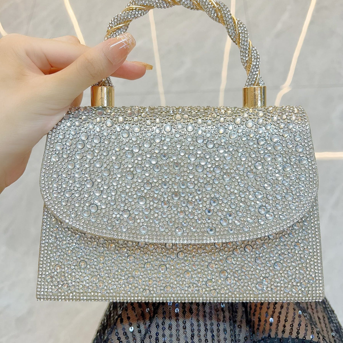 Rhinestone Flap Top-Handle Evening Bag