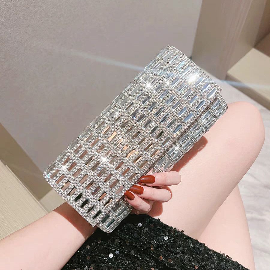 Grid-Pattern Rhinestone Evening Clutch