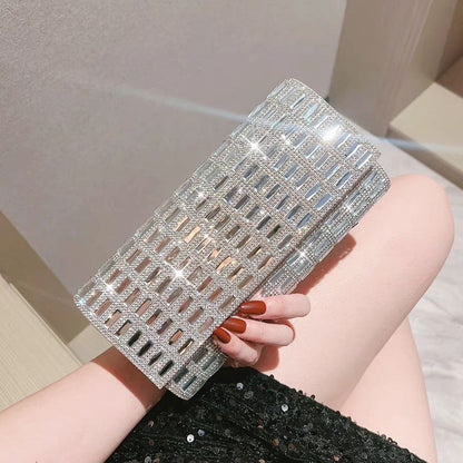 Grid-Pattern Rhinestone Evening Clutch