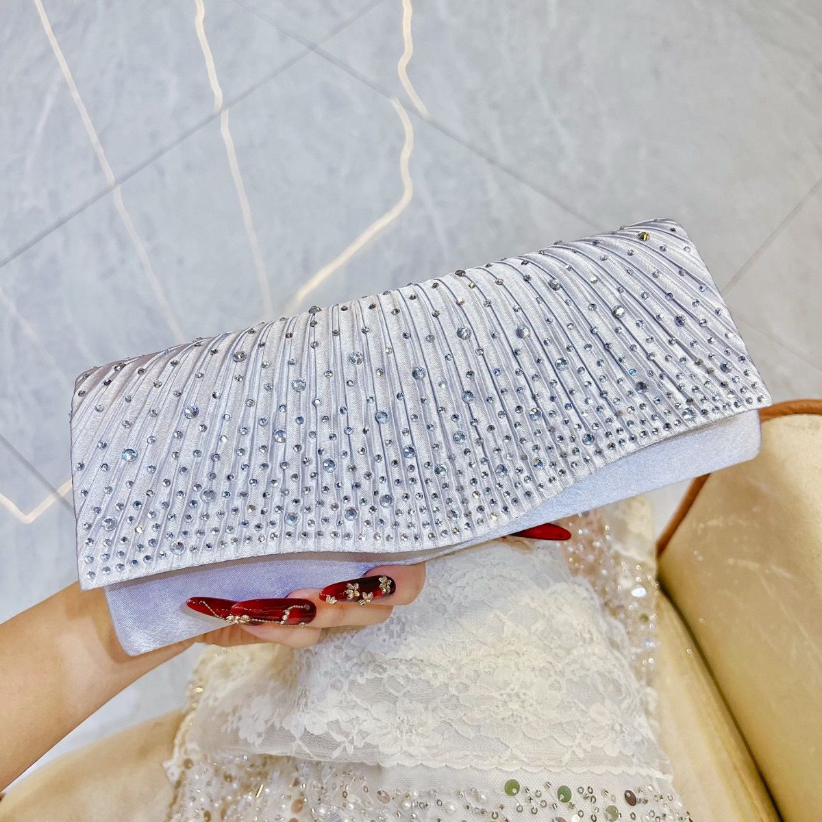 Pleated Glitter Envelope Clutch