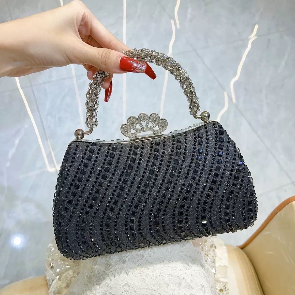 Wavy Rhinestone Crown-Clasp Mini Handbag