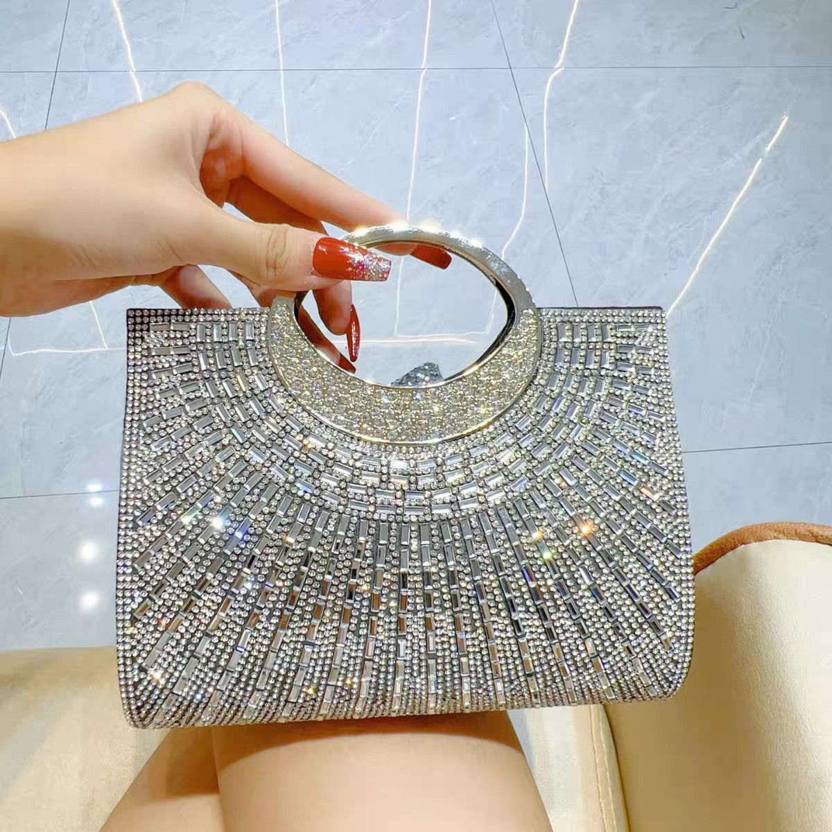Sunburst Rhinestone Ring-Handle Evening Handbag