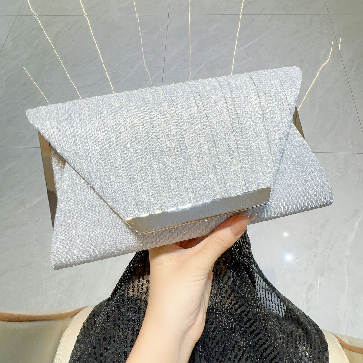 Pleated Glitter Bar-Accent Clutch