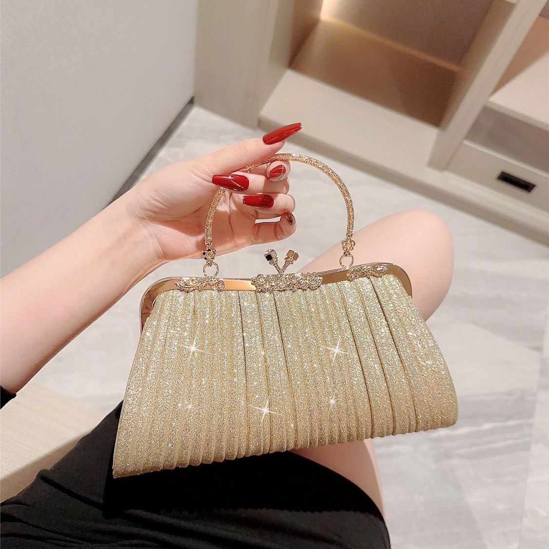 Mini Pleated Rhinestone Top-Handle Bag
