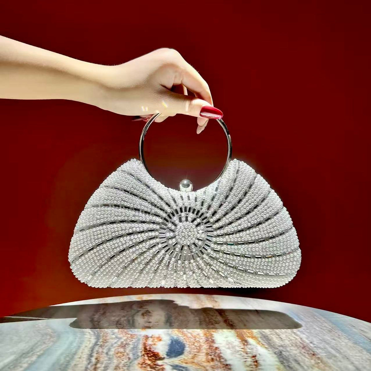 Spiral Beaded Ring-Handle Clutch