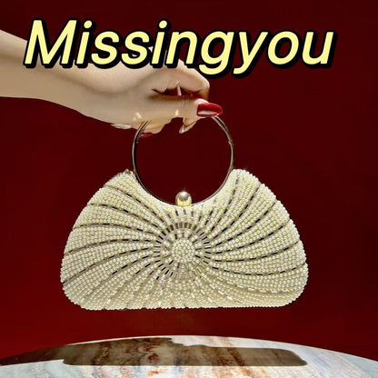Spiral Beaded Ring-Handle Evening Handbag
