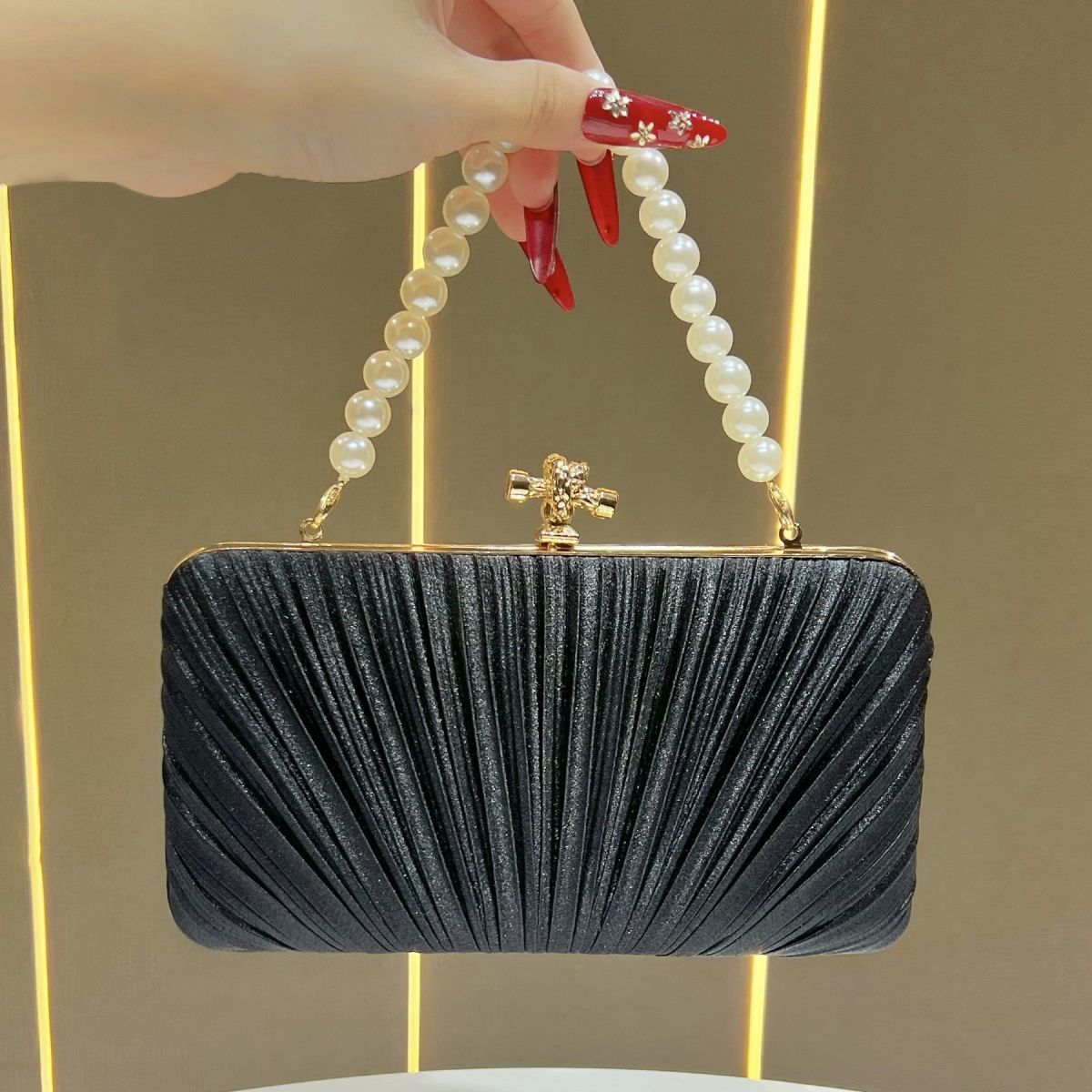 Pleated Satin Teardrop-Accent Evening Bag