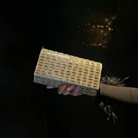 Grid-Pattern Rhinestone Box Clutch